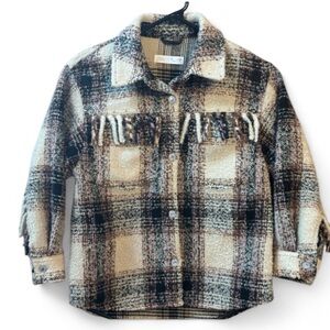 ZARA Plaid Fringe Shacket | Neutral Checkered Jacket | Cozy Fall Layer—Size 8